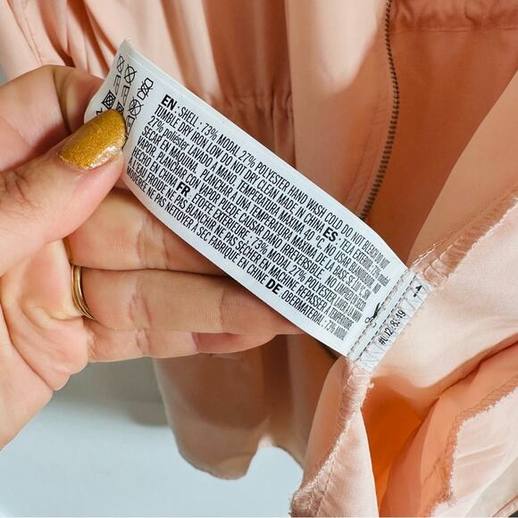 F21 FOREVER 21 Peach Pink Offset Zipper Light Hooded Anorak Trench Coat Jacket L - Picture 8 of 11